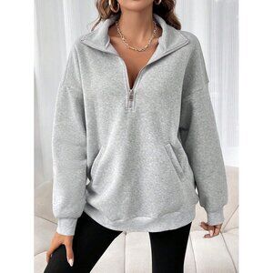 half zip fold down collar fleece lined sweatshirt gray